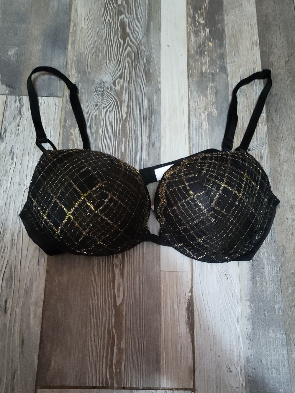 Victoria's Secret Size 34B Push-Up Underwire Black Bra with Gold Lace Detail